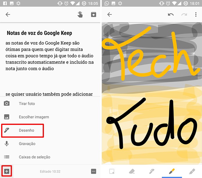 Google Keep permite adicionar desenhos a notas existentes (Foto: Reprodução/Elson de Souza)