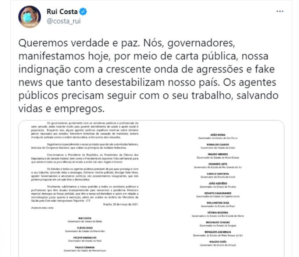 Governadores divulgam carta contra fake news e pedem adoção de providências — Foto: Reprodução/Redes Sociais