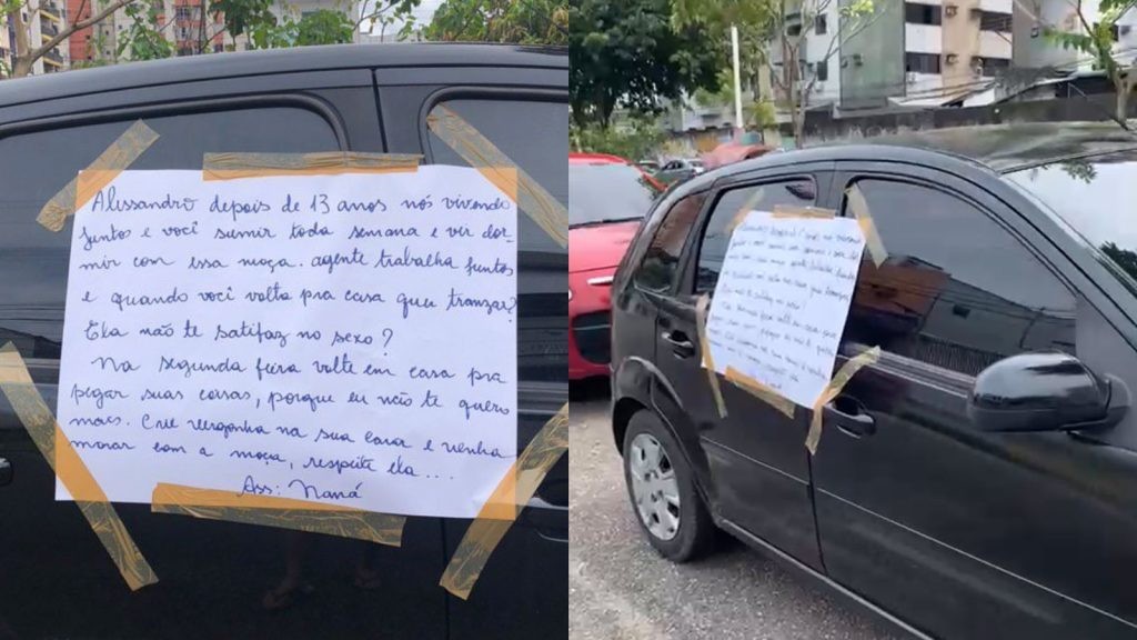 Mulher descobre traição e cola cartaz de término no carro do companheiro, em rua de Belém: 'crie vergonha na cara'