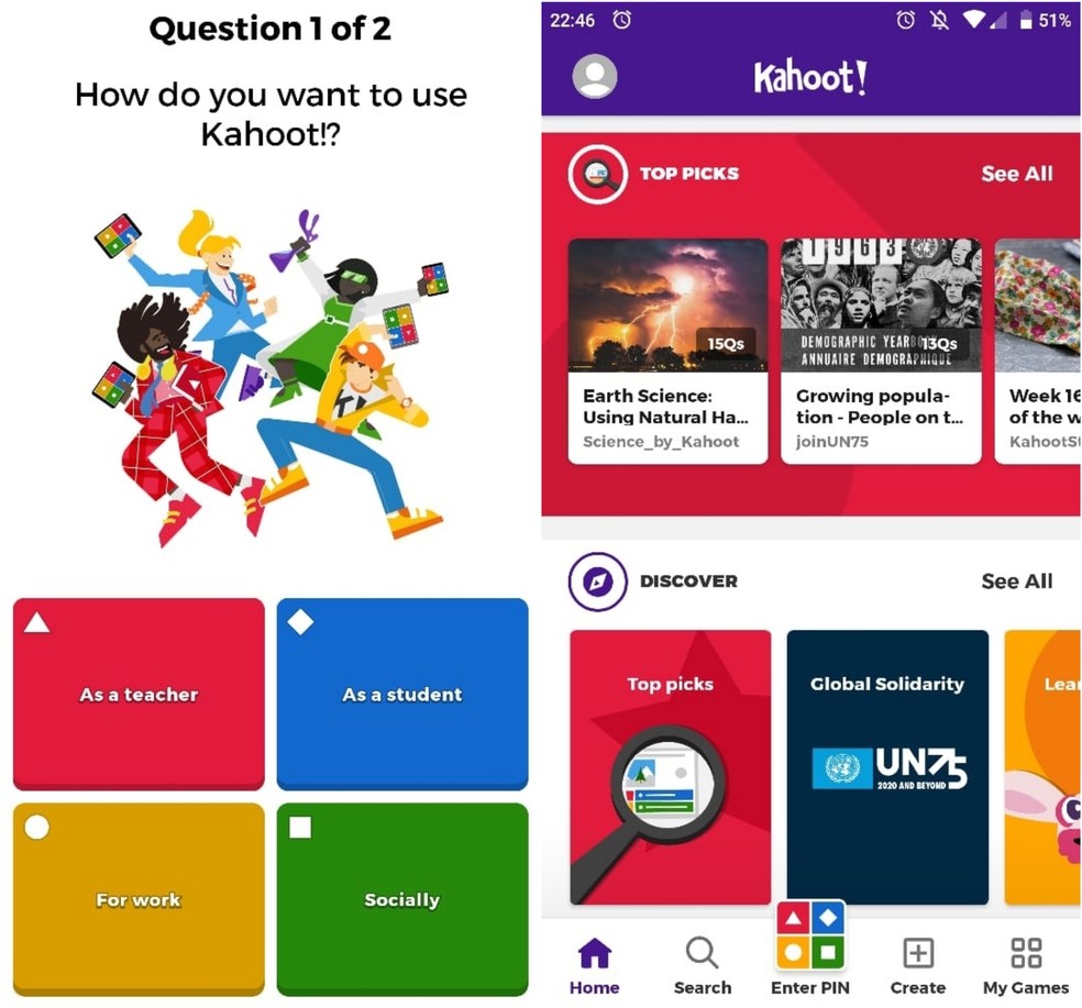 Kahoot! é um app que pode ser usado para complementar aulas online sobre diversos assuntos — Foto: Reprodução/Clara Fabro