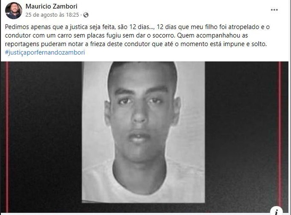 Pai de jovem que morreu atropelado em SP se mobiliza nas redes sociais por prisão de motorista  — Foto: Reprodução/Facebook