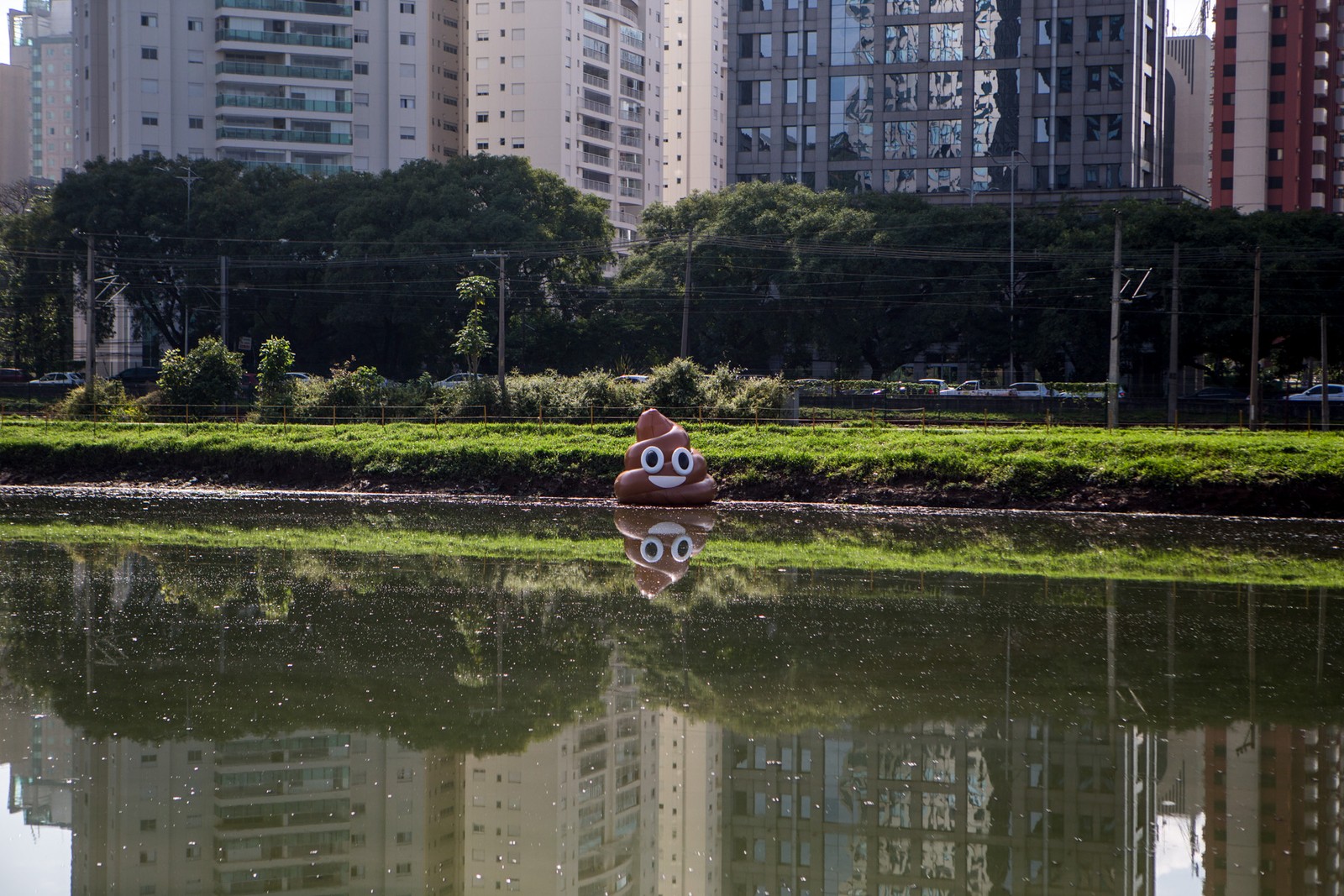 6 de março - O emoji de um cocô é visto nas margens do rio Pinheiros, em São Paulo, durante uma intervenção da ONG Volta Pinheiros pela despoluição do rio (Foto: Rafael Arbex/Estadão Conteúdo)