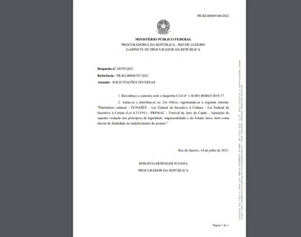 MPF abre processo para investigar reprovação de apoio da Lei Rouanet a festival de jazz na Bahia — Foto: Reprodução