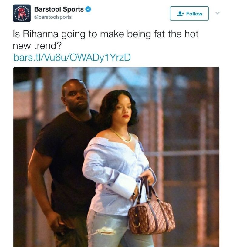 "Será que a Rihanna vai fazer com que 'ser gorda' seja a nova tendência quente?", escreveu o homem no Twitter (Foto: Reprodução)