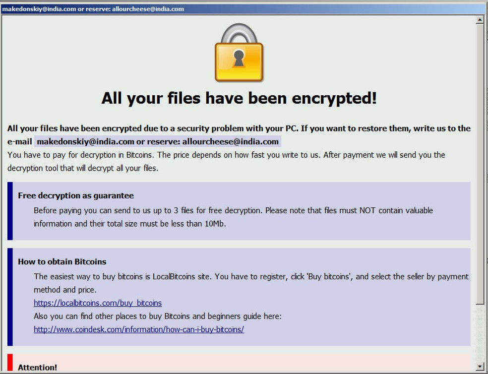 Tela de aviso do sequestro de arquivos do vírus de resgate Wadhrama, um dos programas utilizados pelos criminosos.  — Foto: Reprodução/Microsoft