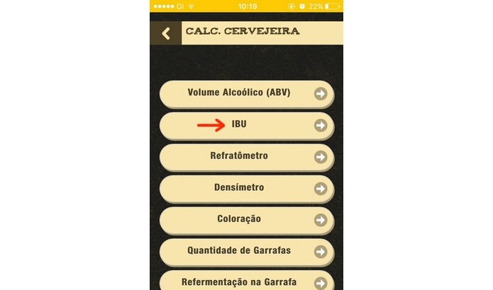 Calculadora cervejeira do app, com destaque para opção IBU (Foto: Reprodução/Raquel Freire)