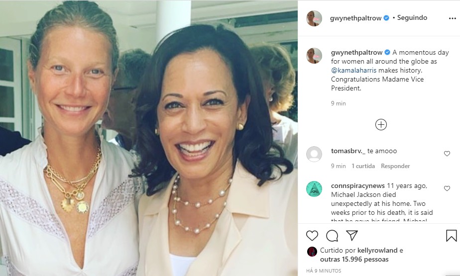 Gwyneth Paltrow comemora eleição de Kamala Harris à vice-presidência americana (Foto: Reprodução Instagram)