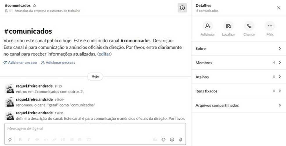 Crie um canal de comunicados geral no Slack para manter equipe informada — Foto: Reprodução/Raquel Freire