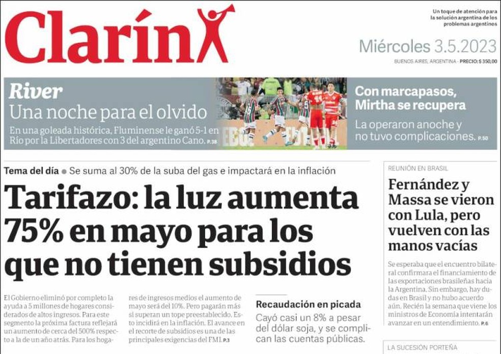 Capa do jornal "Clarín" após Fluminense x River Plate — Foto: Reprodução