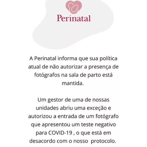 Comunicado publicado pela Perinatal há três meses (Foto: Reprodução/Instagram)