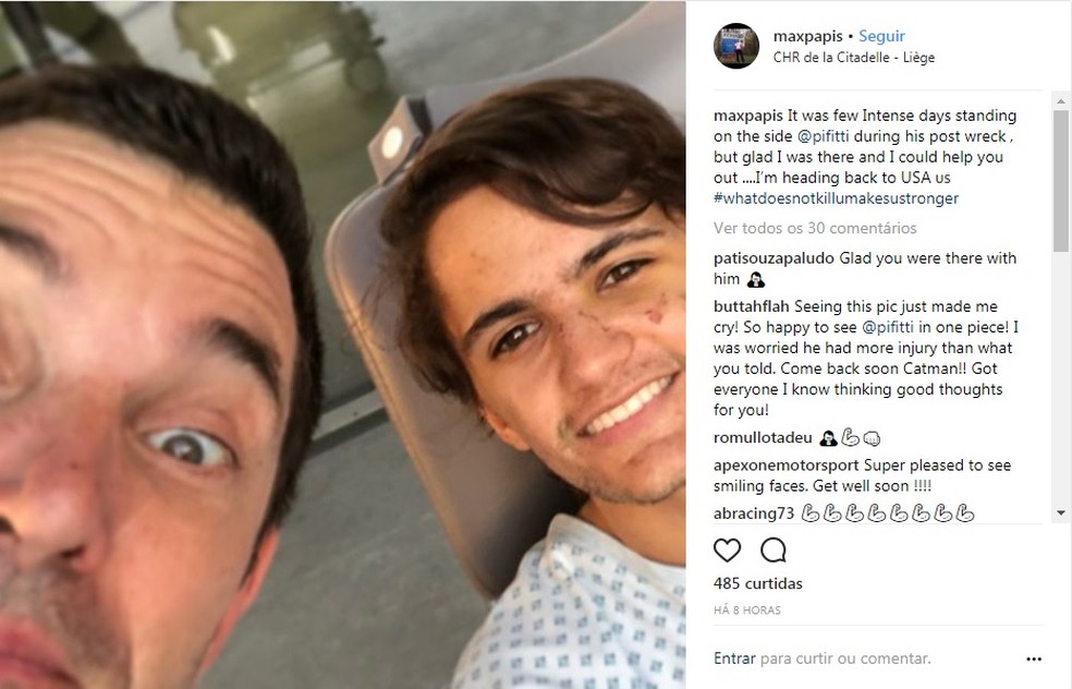 Max Papis postou foto de Pietro Fittipaldi no Instagram cinco dias após o acidente (Foto: Reprodução Instagram)