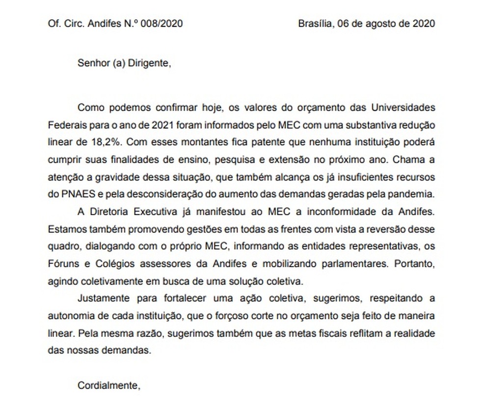 Circular da Andifes confirma corte orçamentário nas universidades federais — Foto: Reprodução / Andifes