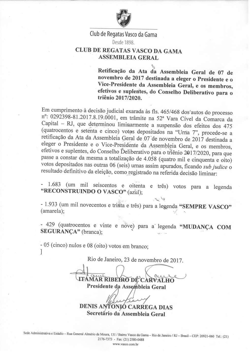 Retificação da ata da eleição do Vasco (Foto: Reprodução)