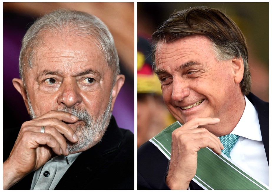 O ex-presidente Luis Inácio Lula da Silva, que lidera a disputa presidencial de 2022, e o atual presidente Jair Bolsonaro, que aparece em segundo lugar  AFP