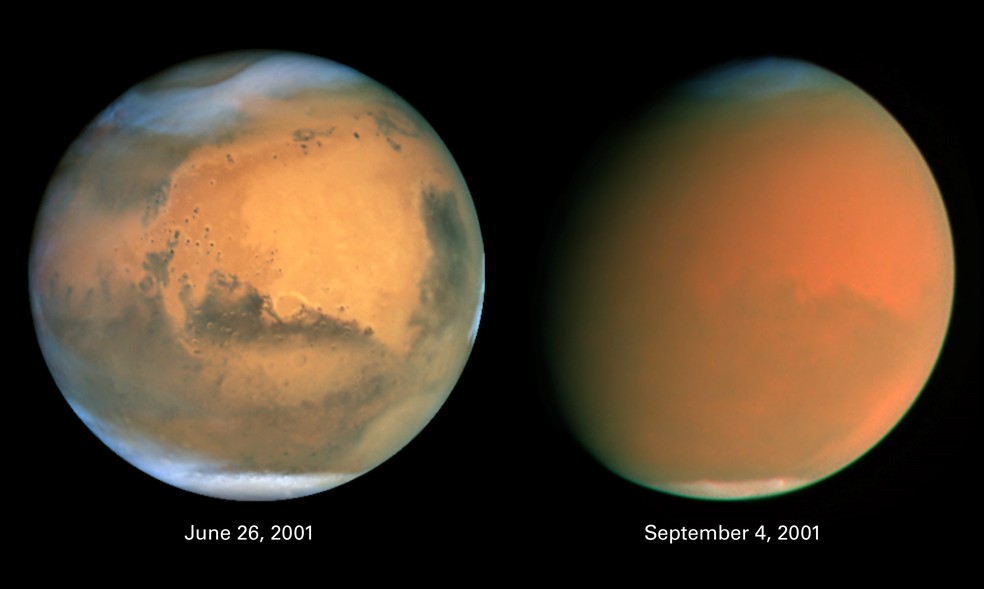 Duas faces dramaticamente diferentes de Marte aparecem nestas imagens de comparação mostrando como uma tempestade de poeira global engoliu Marte no início da primavera de 2001. — Foto: Nasa