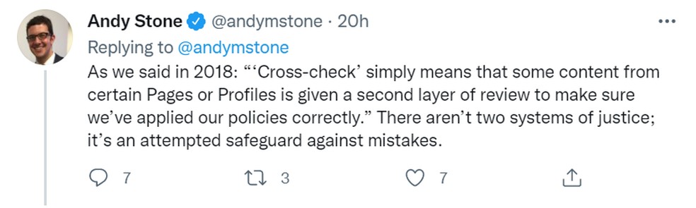 Andy Stone, representante de comunicação do Facebook, saiu em defesa da rede social no Twitter — Foto: Reprodução/Twitter