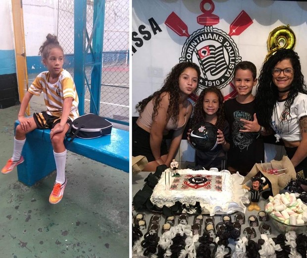 Larissa no futebol; e comemorando o aniversário com a família (Foto: Arquivo pessoal)