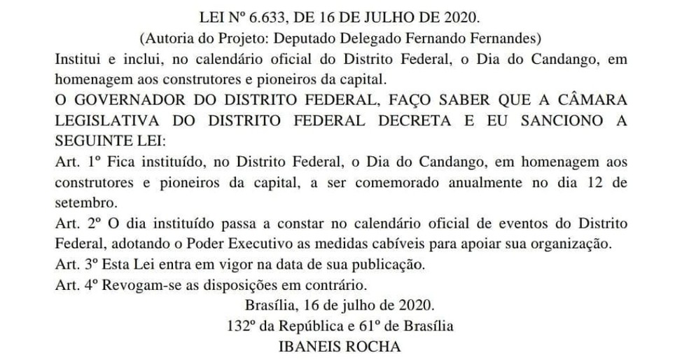 Dia do Candango: lei cria data em homenagem a pioneiros de Brasília — Foto: DODF/Reprodução