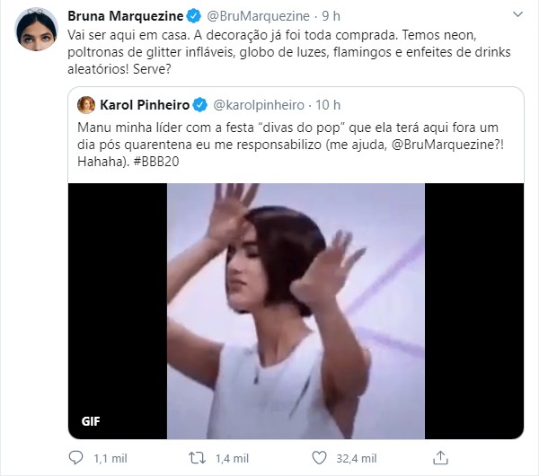 Bruna Marquezine promete festa para Manu Gavassi (Foto: Reprodução/Twitter)