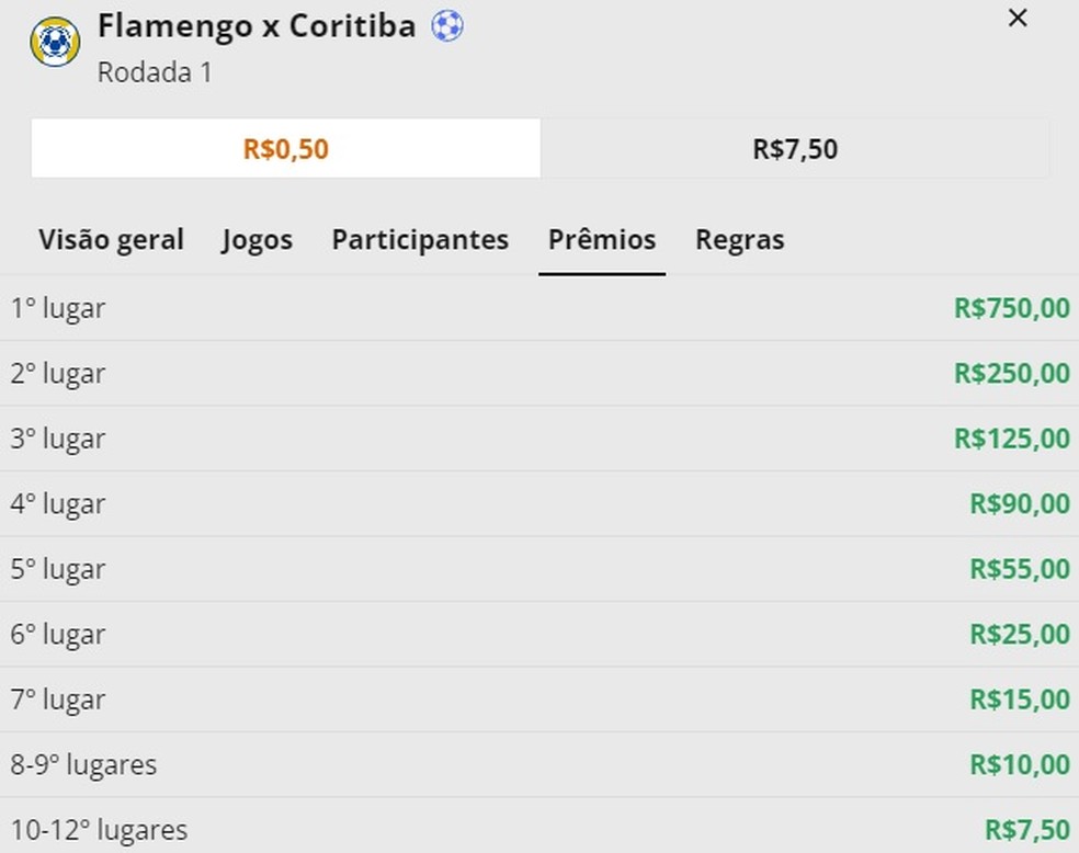 Cartola Express 2023 - R1 - Disputa de jogo &uacute;nico Flamengo x Coritiba (principais premia&ccedil;&otilde;es) &mdash; Foto: Print