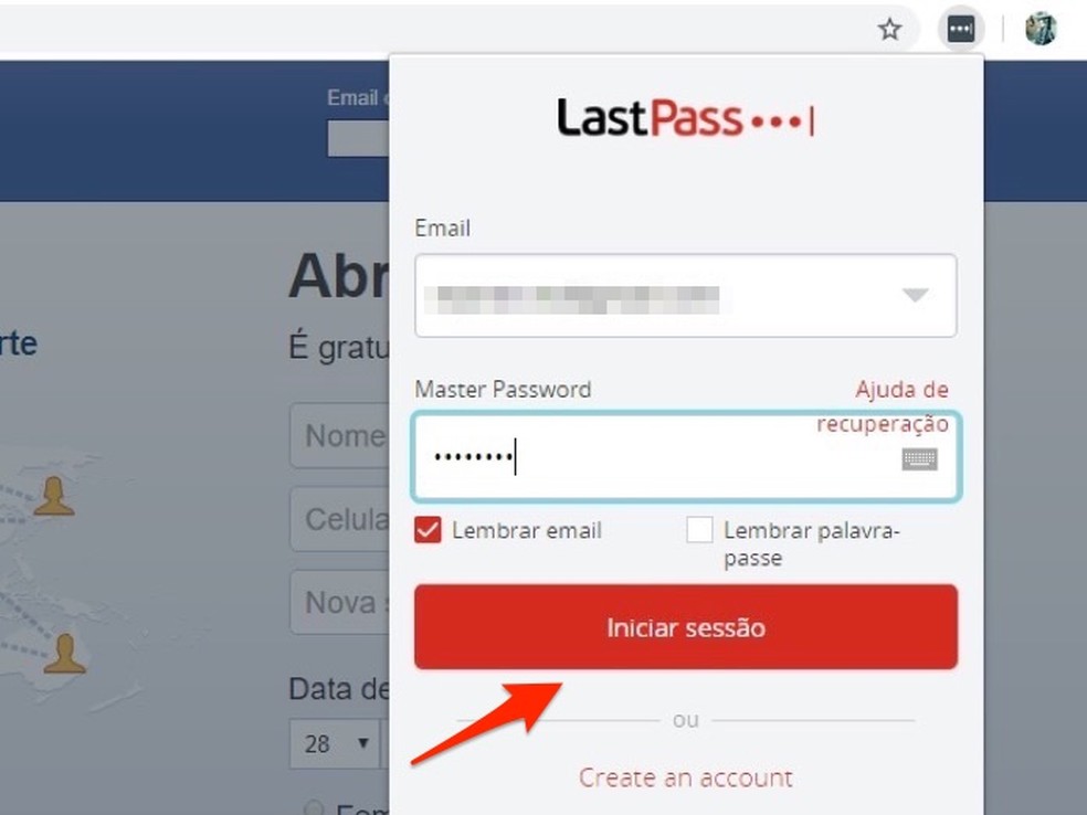 Ação para logar uma conta do LastPass na extensão do serviço para Chrome — Foto: Reprodução/Marvin Costa