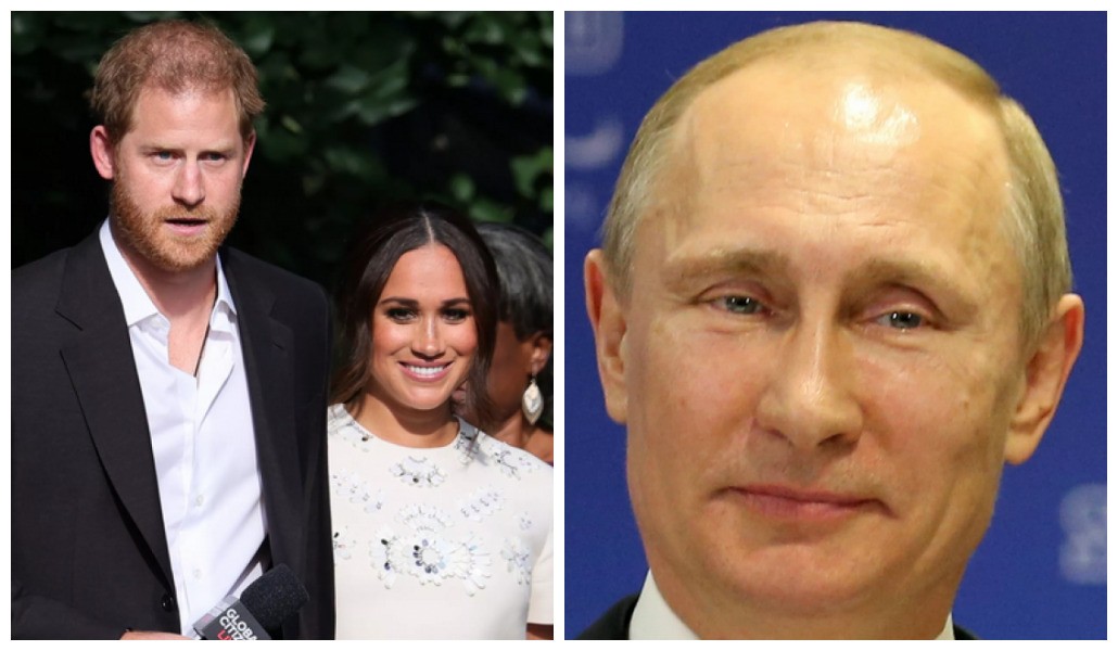 O Príncipe Harry com a esposa, a atriz Meghan Markle, e o presidente russo Vladimir Putin (Foto: Getty Images)