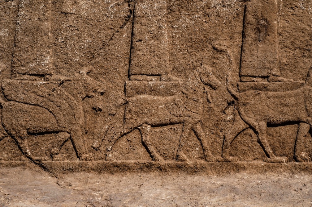 Imagem de baixo-relevo encontrada em sítio arqueológico do Iraque — Foto: AFP