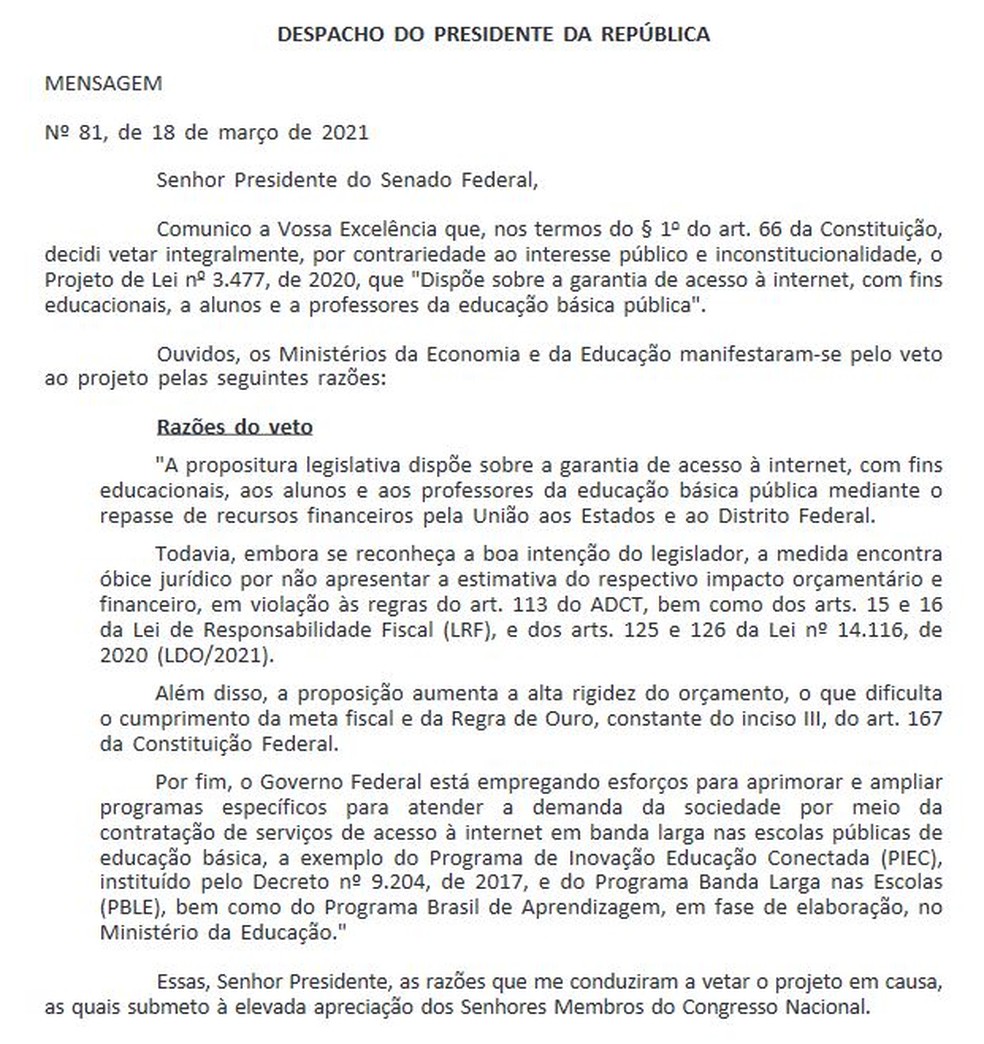 Bolsonaro veta integralmente projeto que assegura internet grátis a alunos e professores da rede pública — Foto: Reprodução / Diário Oficial da União