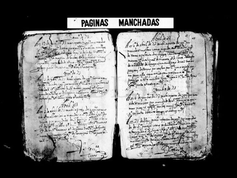 Registro do livro de casamento da igreja Conceição em Lisboa, de 1573. Documento traz o nome de Jacinta de Sá Brandão, a primeira mulher japonesa a viver na região que se tem conhecimento — Foto: Arquivo Lúcio de Sousa