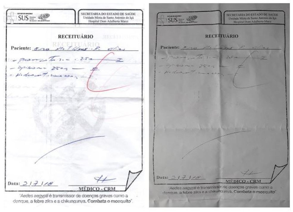 À esquerda, a receita prescrita pelo médico ao menino Henzo Matheus antes da correção da dosagem para 2,5 mg feita com caneta  (Foto: Reprodução/Arquivo Pessoal)