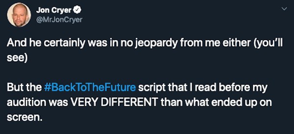 Um dos tuítes do ator Jon Cryer sobre o roteiro original do primeiro filme da trilogia De Volta para o Futuro (Foto: Twitter)