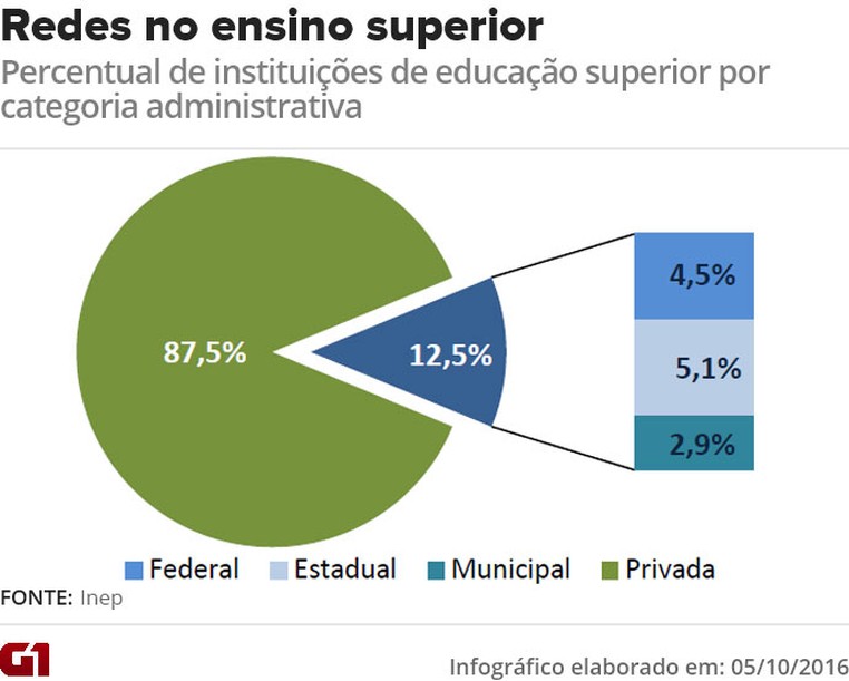 Censo da Educação Superior: participação das redes no total de matrículas (Foto: Arte/G1)
