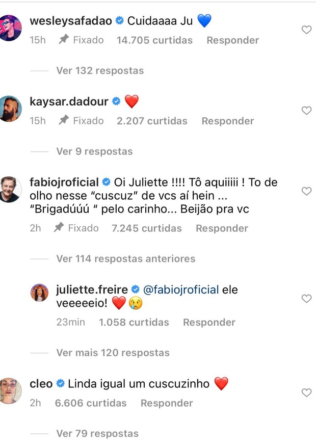 BBB21: Fábio Júnior deixa comentário em posts de Juliette e Gil (Foto: Reprodução/Instagram)