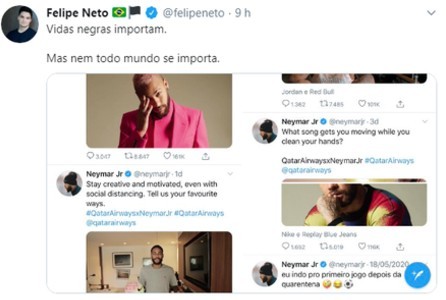 O post original de Felipe Neto sobre Neymar Jr., apagado (Foto: Reprodução/Twitter)