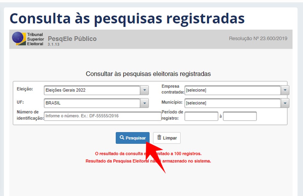 Botão permite consultar pesquisas sobre intenção de voto para presidente e outros cargos nas Eleições 2022 — Foto: Reprodução/Rodrigo Fernandes