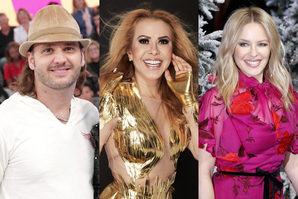Festival com Falamansa e Joelma e live de Kylie Minogue estão entre as transmissões deste sábado (7) — Foto: João Januário/TV Globo;  Gustavo Arrais/Divulgação; Tolga Akmen/AFP/Arquivo