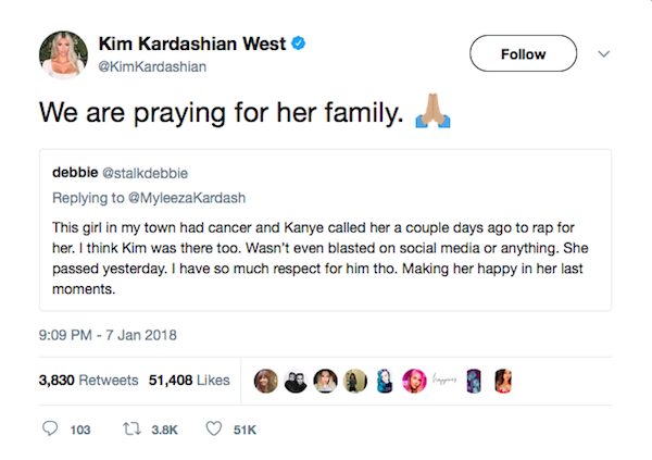 A mensagem de Kim Kardashian prestando solidariedade à família da garotinha para quem seu marido, Kanye West, cantou  (Foto: Twitter)