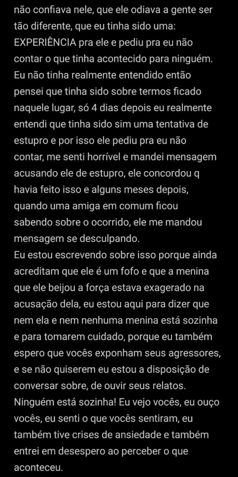 Uma das postagens feita por suposta vítima de assédio em MS — Foto: Redes Sociais/Divulgação