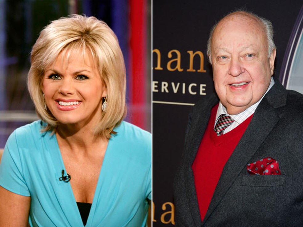 Gretchen Carlson, ex-âncora do Fox News, em foto de 2010; à dir., Roger Ailes, que ela acusa de assédio sexual, em foto de 2015 (Foto:  Richard Drew/AP e Charles Sykes/Invision/AP )