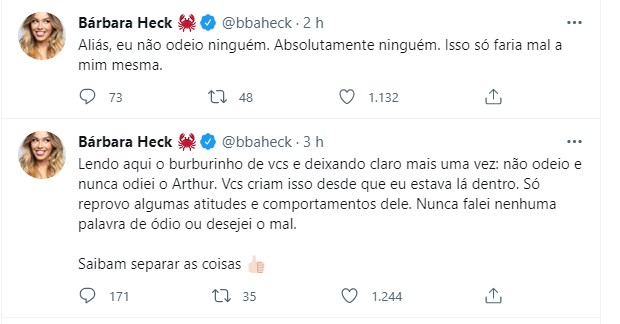 Bárbara Heck falou sobre sua relação com Arthur Aguiar (Foto: Reprodução/Twitter)