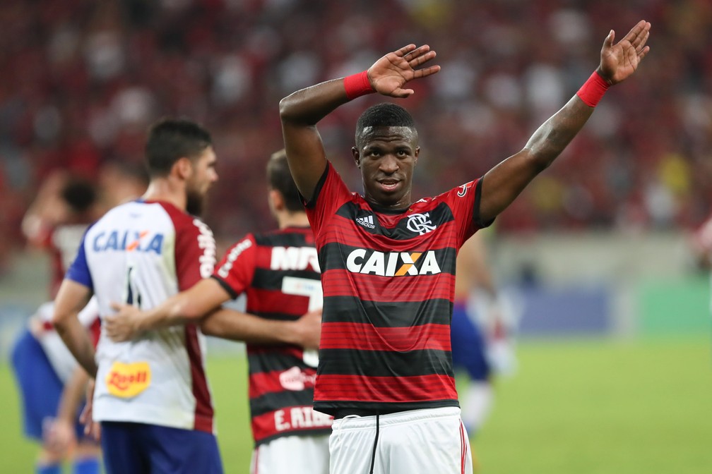 Comemora&ccedil;&atilde;o de Vinicius com a torcida do Flamengo: clima de emo&ccedil;&atilde;o no Maracan&atilde; (Foto: Gilvan de Souza/Flamengo)