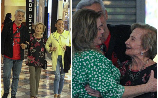 Glória Menezes passeia com filho e nora por shopping no Rio e reencontra Vera Fischer