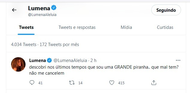 Post de Lumena Aleluia (Foto: Reprodução/Twitter)