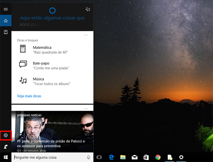 Clique na engrenagem para abrir as configurações da Cortana no Windows 10 (Foto: Reprodução/Elson de Souza)