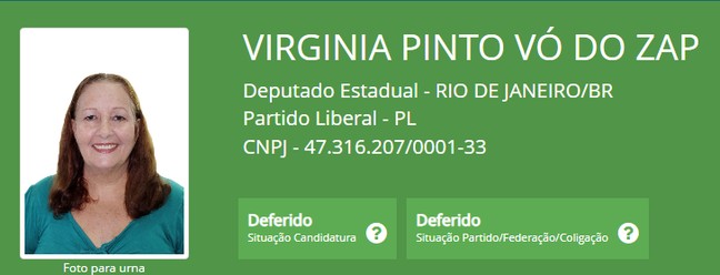 Virginia da Conceição Pinto Brandão se candidatou nas eleições de 2010 e 2014, mas não teve sucesso. Neste ano, na sua terceira tentativa, ela resolveu incluir o "Vó do Zap" no nome para atrair apoiadores. — Foto: Reprodução