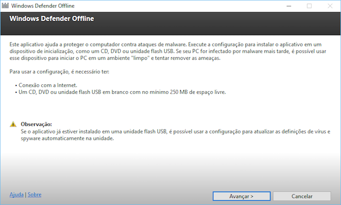 Configuração inicial do Windows Defender Offline (Foto: Reprodução/Helito Bijora) 