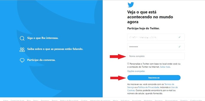 Para se inscrever no Twitter, basta preencher os dados pedidos (Foto: Reprodução/Clara Barreto) Para se inscrever no Twitter, basta preencher os dados pedidos (Foto: Reprodução/Clara Barreto)