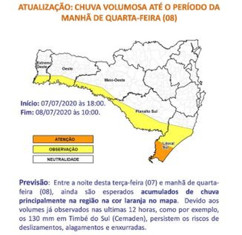 Monitoramento de chuva e deslizamentos em Santa Catarina — Foto: Defesa Civil/ Divulgação