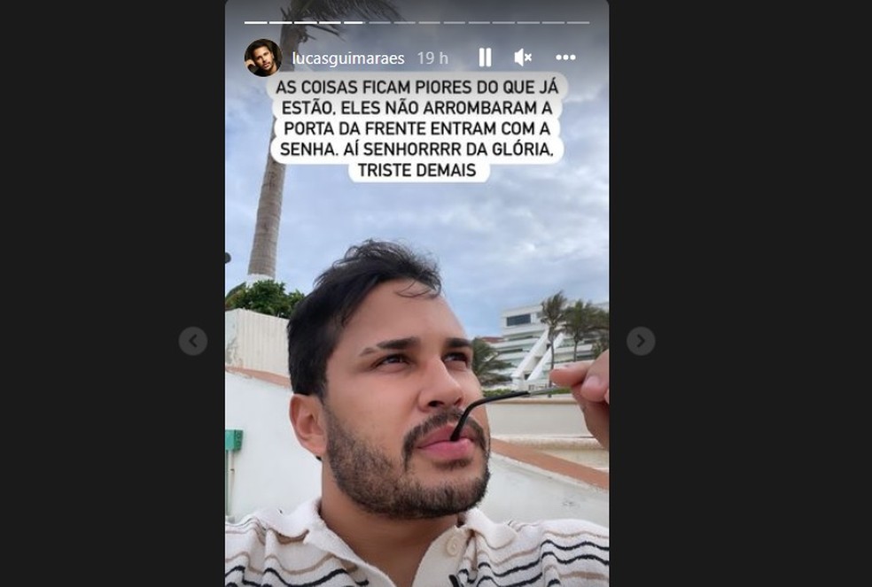 Influenciador digital Lucas Guimarães afirma que criminosos utilizaram senha para entrar no apartamento dele e de Carlinhos Maia, em Maceió, Alagoas — Foto: Reprodução/Instagram