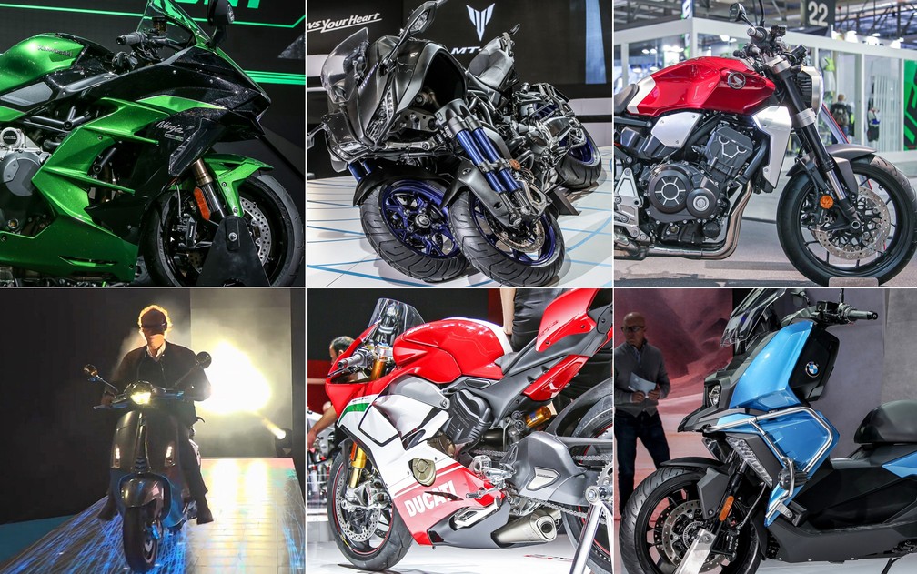Veja motos que foram destaque no Salão de Milão. Da esq. para dir.: Kawasaki Ninja H2 SX, Yamaha Niken e BMW C 400 X (Foto: Divulgação/Eicma)